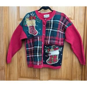 Vintage Heirloom Collectibles Ugly Christmas Red Sweater Cardigan Size L Button